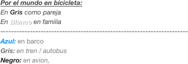 Por el mundo en bicicleta:
En Gris como pareja
En Blanco en familia
----------------------------------------------------------------------
Azul: en barco
Gris: en tren / autobus
Negro: en avion,
